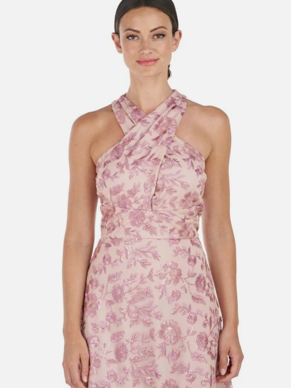 JS Collections One-Shoulder Pink Floral Embroidered Gown - Picture 2 of 6